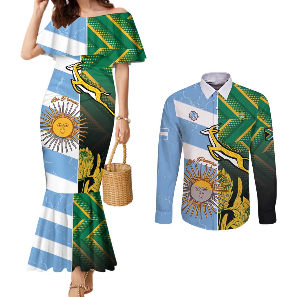 South Africa and Argentina Rugby Personalized Couples Matching Mermaid Dress and Long Sleeve Button Shirt Springboks With Los Pumas