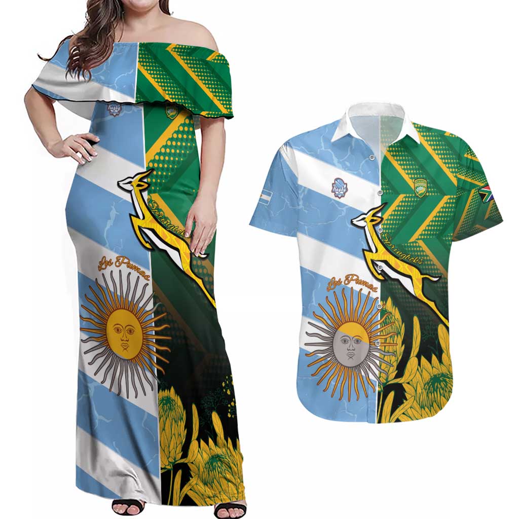 South Africa and Argentina Rugby Personalized Couples Matching Off Shoulder Maxi Dress and Hawaiian Shirt Springboks With Los Pumas