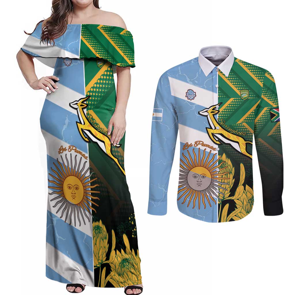 South Africa and Argentina Rugby Personalized Couples Matching Off Shoulder Maxi Dress and Long Sleeve Button Shirt Springboks With Los Pumas