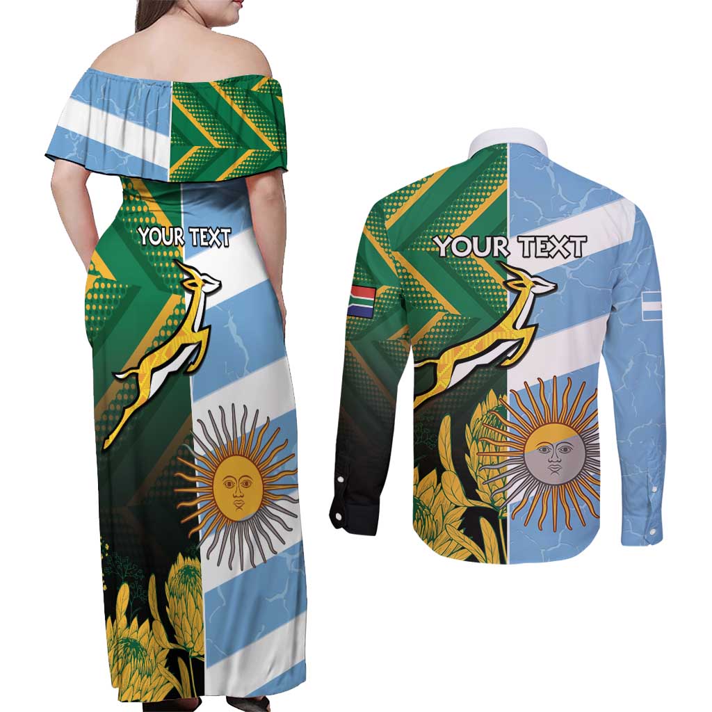 South Africa and Argentina Rugby Personalized Couples Matching Off Shoulder Maxi Dress and Long Sleeve Button Shirt Springboks With Los Pumas