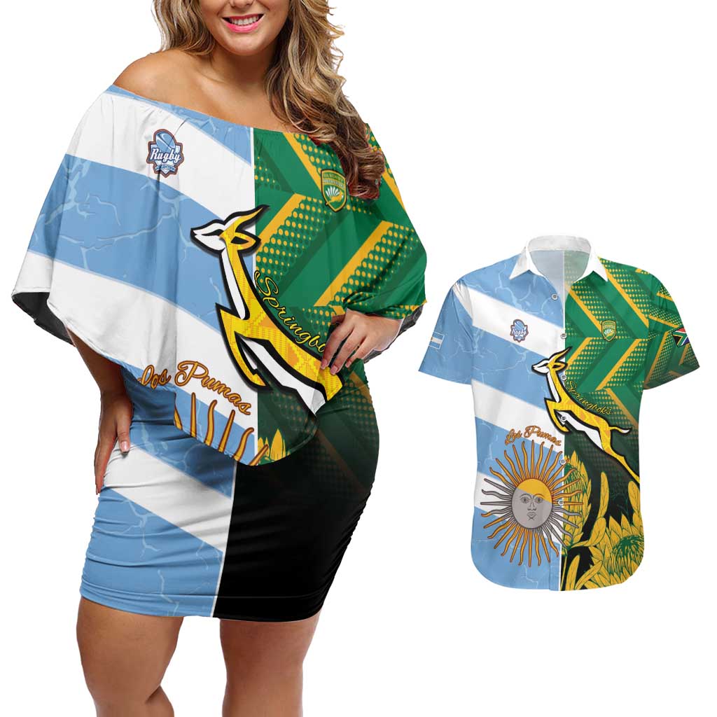 South Africa and Argentina Rugby Personalized Couples Matching Off Shoulder Short Dress and Hawaiian Shirt Springboks With Los Pumas