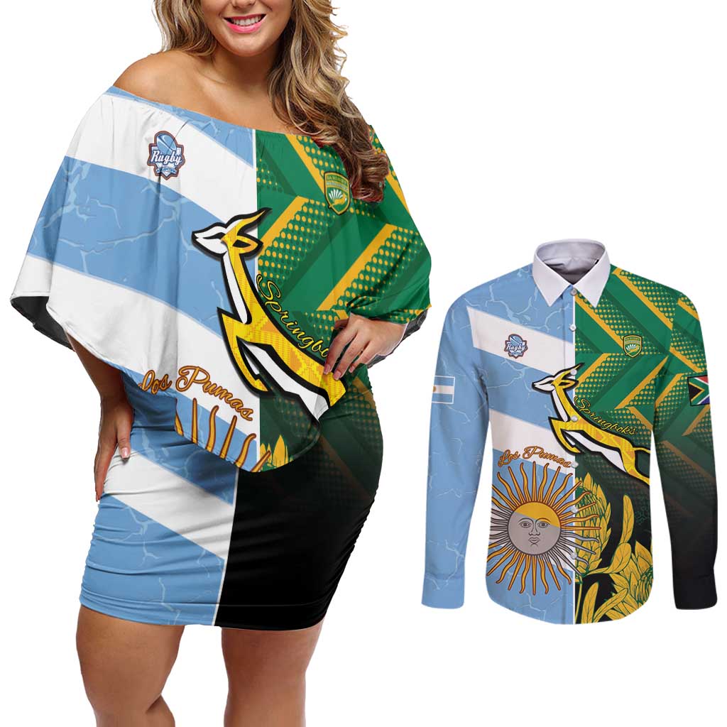 South Africa and Argentina Rugby Personalized Couples Matching Off Shoulder Short Dress and Long Sleeve Button Shirt Springboks With Los Pumas