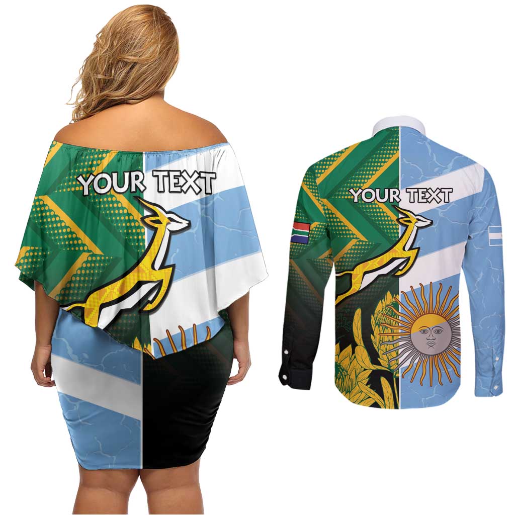 South Africa and Argentina Rugby Personalized Couples Matching Off Shoulder Short Dress and Long Sleeve Button Shirt Springboks With Los Pumas