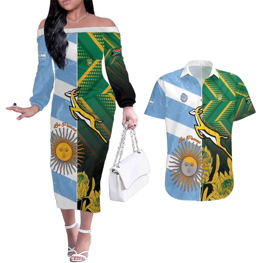 South Africa and Argentina Rugby Personalized Couples Matching Off The Shoulder Long Sleeve Dress and Hawaiian Shirt Springboks With Los Pumas