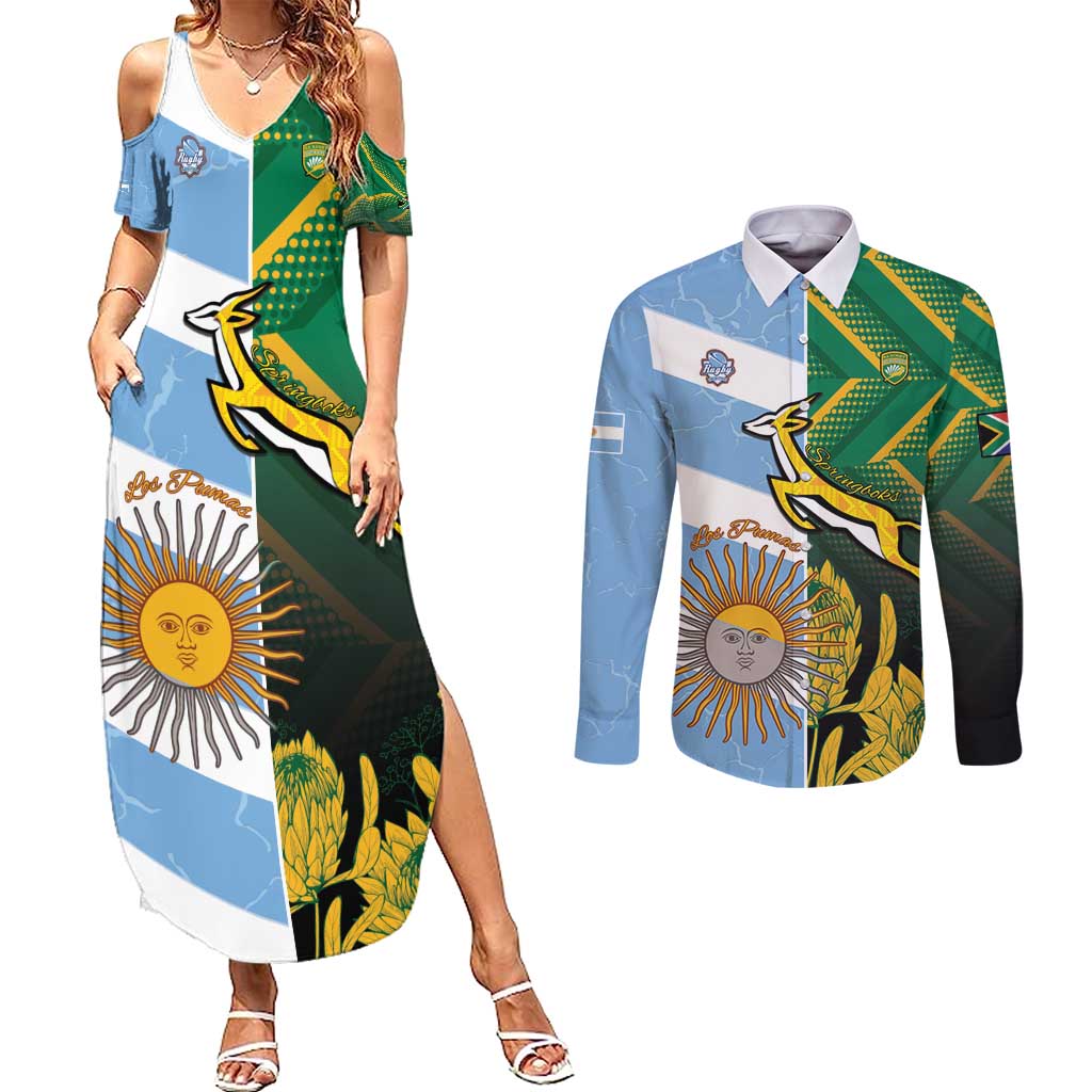 South Africa and Argentina Rugby Personalized Couples Matching Summer Maxi Dress and Long Sleeve Button Shirt Springboks With Los Pumas