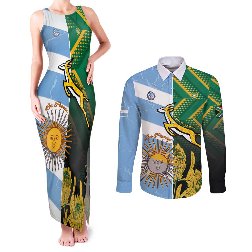 South Africa and Argentina Rugby Personalized Couples Matching Tank Maxi Dress and Long Sleeve Button Shirt Springboks With Los Pumas