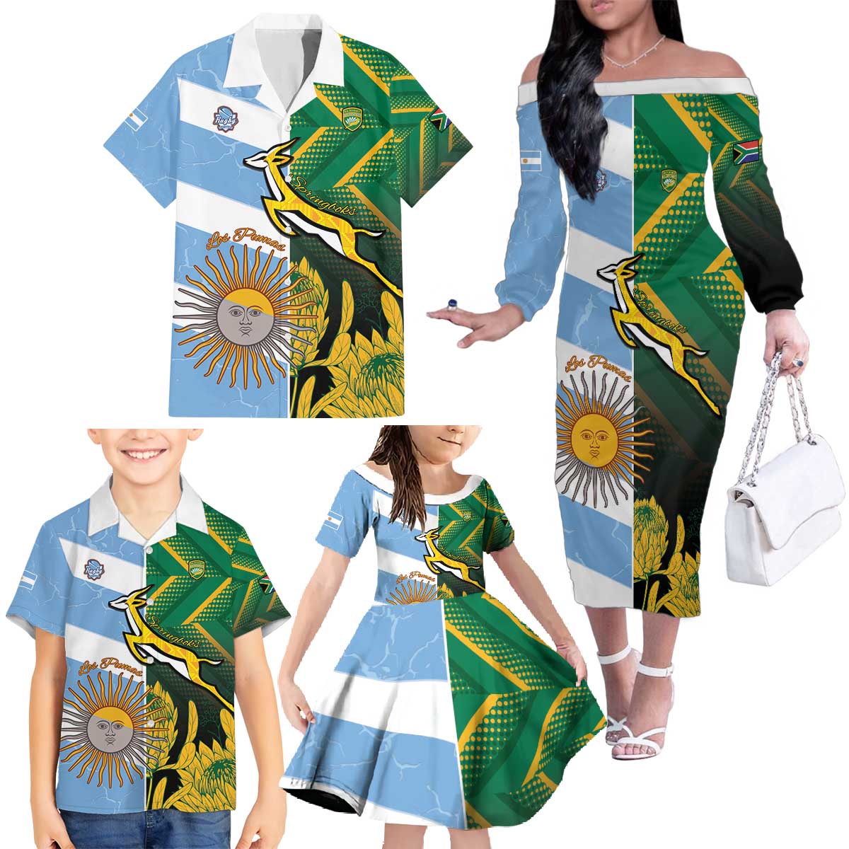 South Africa and Argentina Rugby Personalized Family Matching Off The Shoulder Long Sleeve Dress and Hawaiian Shirt Springboks With Los Pumas
