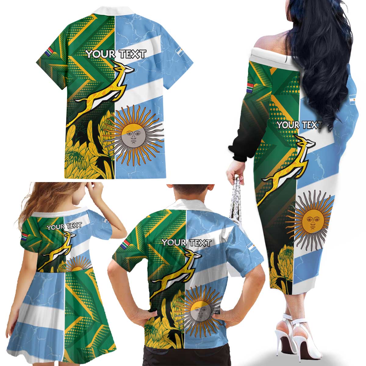 South Africa and Argentina Rugby Personalized Family Matching Off The Shoulder Long Sleeve Dress and Hawaiian Shirt Springboks With Los Pumas