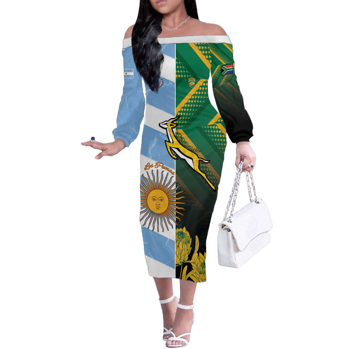 South Africa and Argentina Rugby Personalized Family Matching Off The Shoulder Long Sleeve Dress and Hawaiian Shirt Springboks With Los Pumas