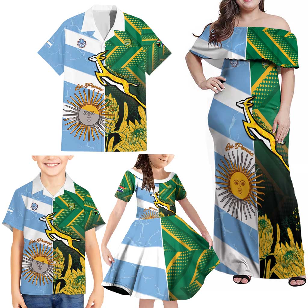 South Africa and Argentina Rugby Personalized Family Matching Off Shoulder Maxi Dress and Hawaiian Shirt Springboks With Los Pumas