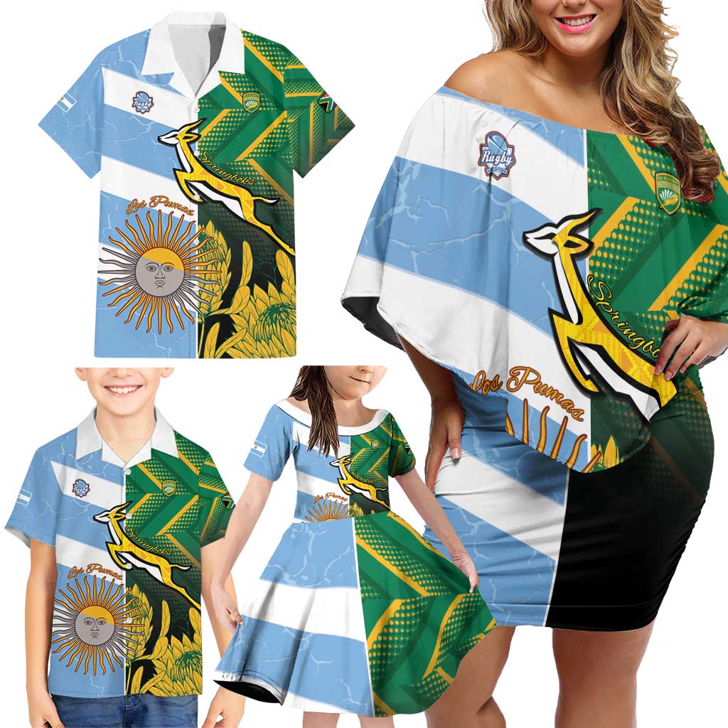 South Africa and Argentina Rugby Personalized Family Matching Off Shoulder Short Dress and Hawaiian Shirt Springboks With Los Pumas