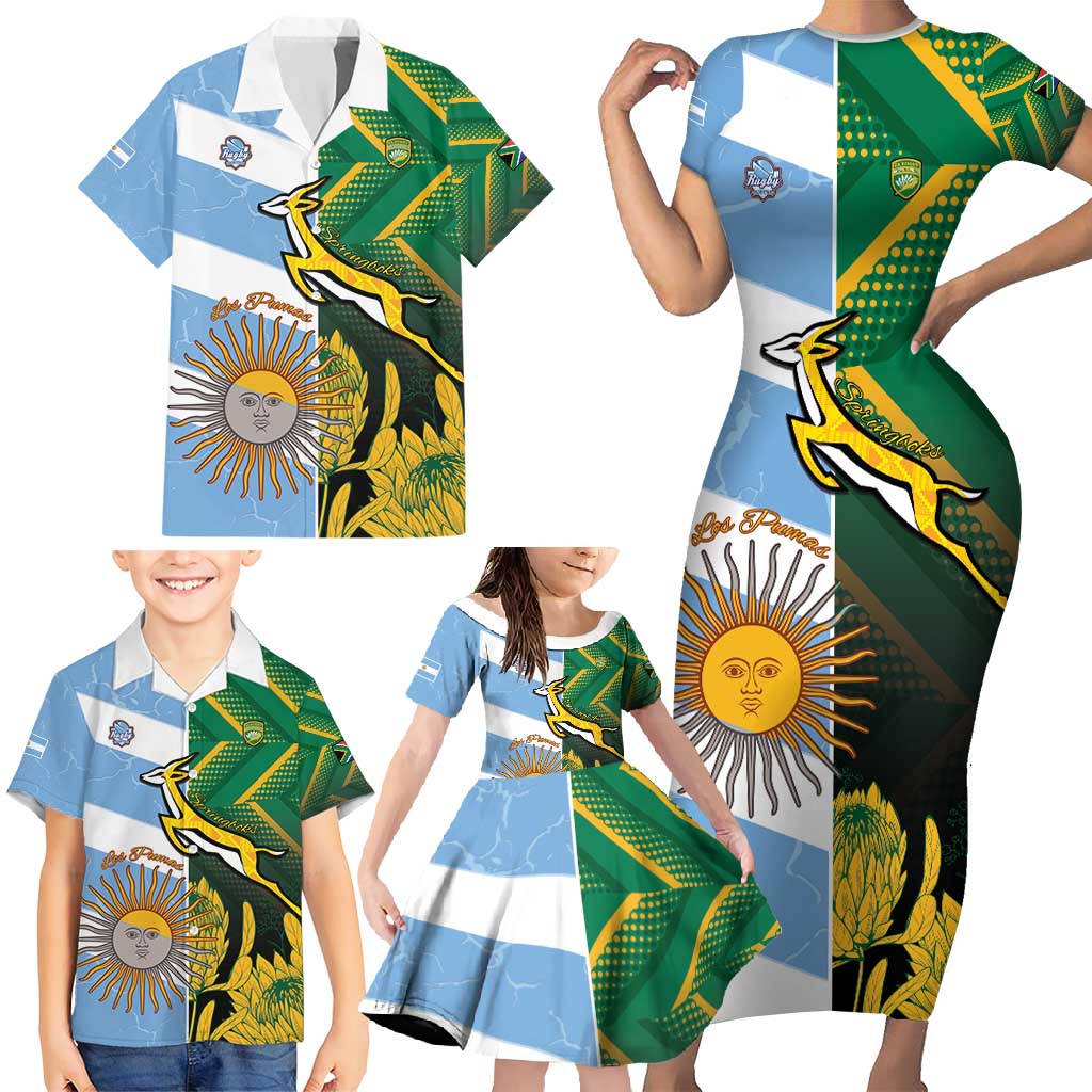 South Africa and Argentina Rugby Personalized Family Matching Short Sleeve Bodycon Dress and Hawaiian Shirt Springboks With Los Pumas
