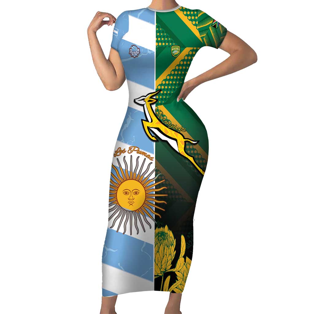 South Africa and Argentina Rugby Personalized Family Matching Short Sleeve Bodycon Dress and Hawaiian Shirt Springboks With Los Pumas