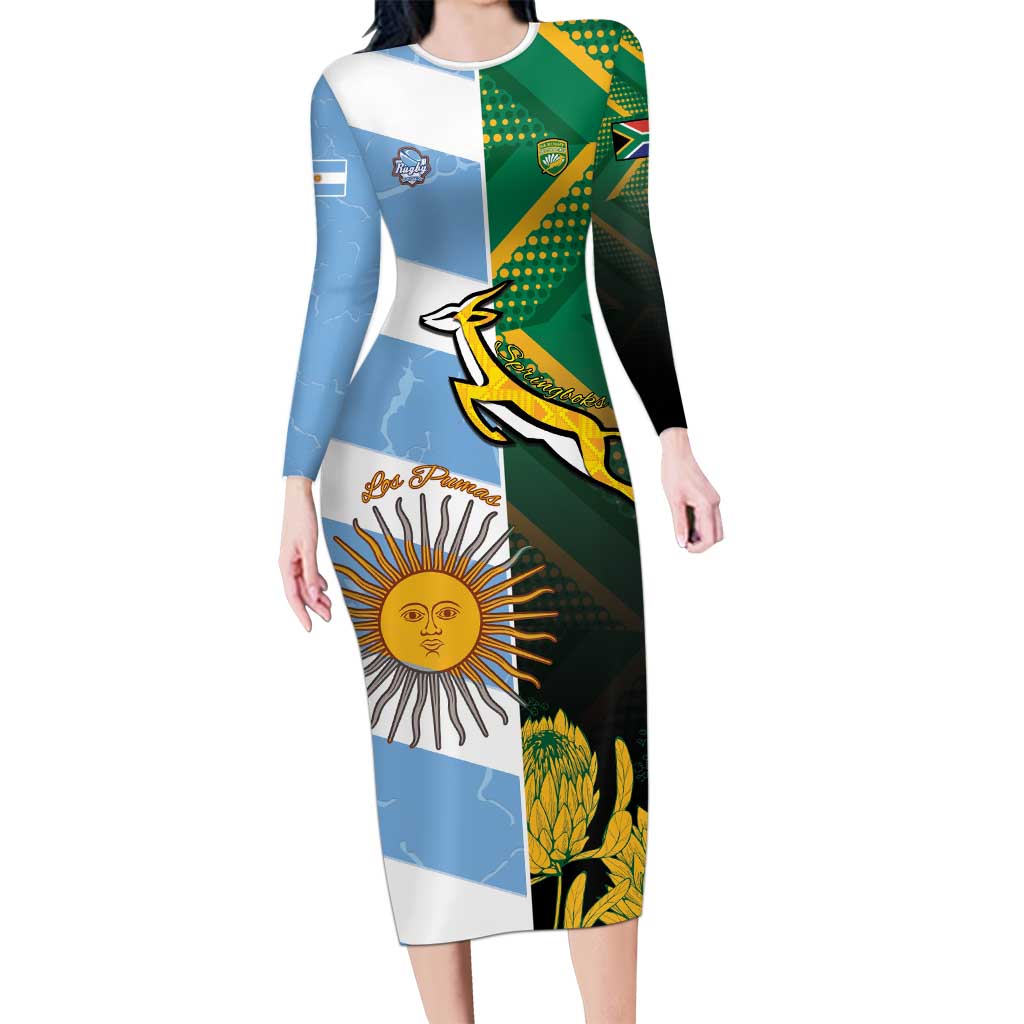 South Africa and Argentina Rugby Personalized Long Sleeve Bodycon Dress Springboks With Los Pumas