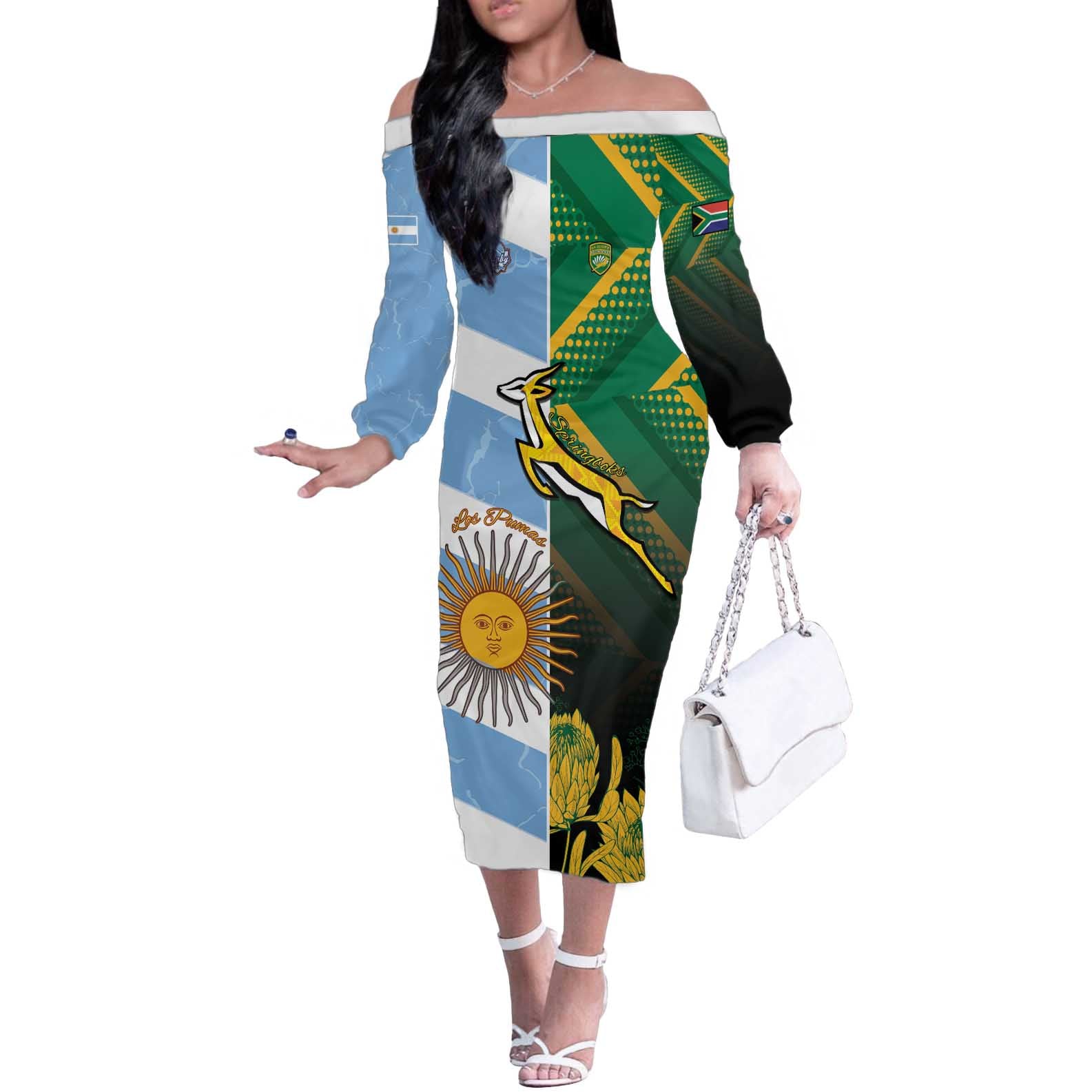 South Africa and Argentina Rugby Personalized Off The Shoulder Long Sleeve Dress Springboks With Los Pumas