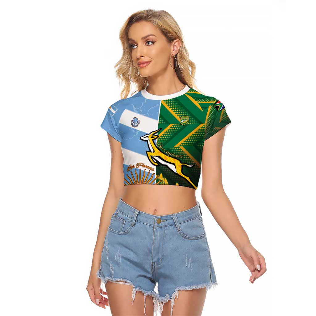 South Africa and Argentina Rugby Personalized Raglan Cropped T Shirt Springboks With Los Pumas