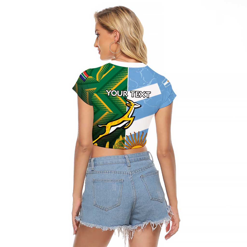 South Africa and Argentina Rugby Personalized Raglan Cropped T Shirt Springboks With Los Pumas