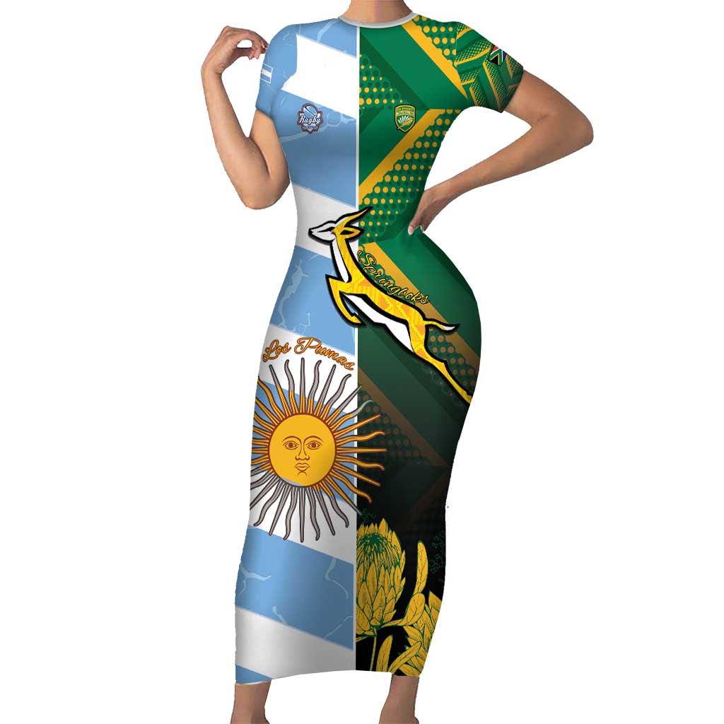 South Africa and Argentina Rugby Personalized Short Sleeve Bodycon Dress Springboks With Los Pumas