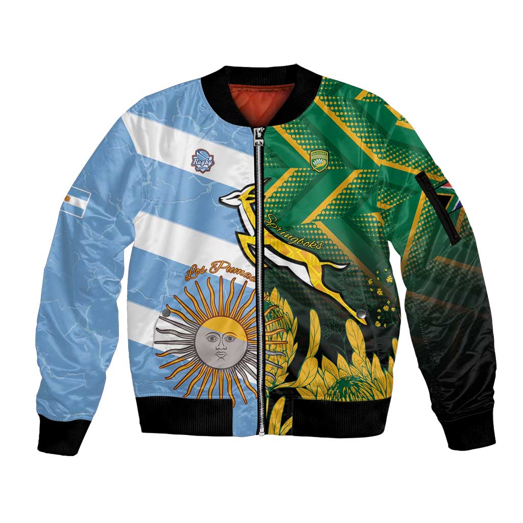 South Africa and Argentina Rugby Personalized Sleeve Zip Bomber Jacket Springboks With Los Pumas