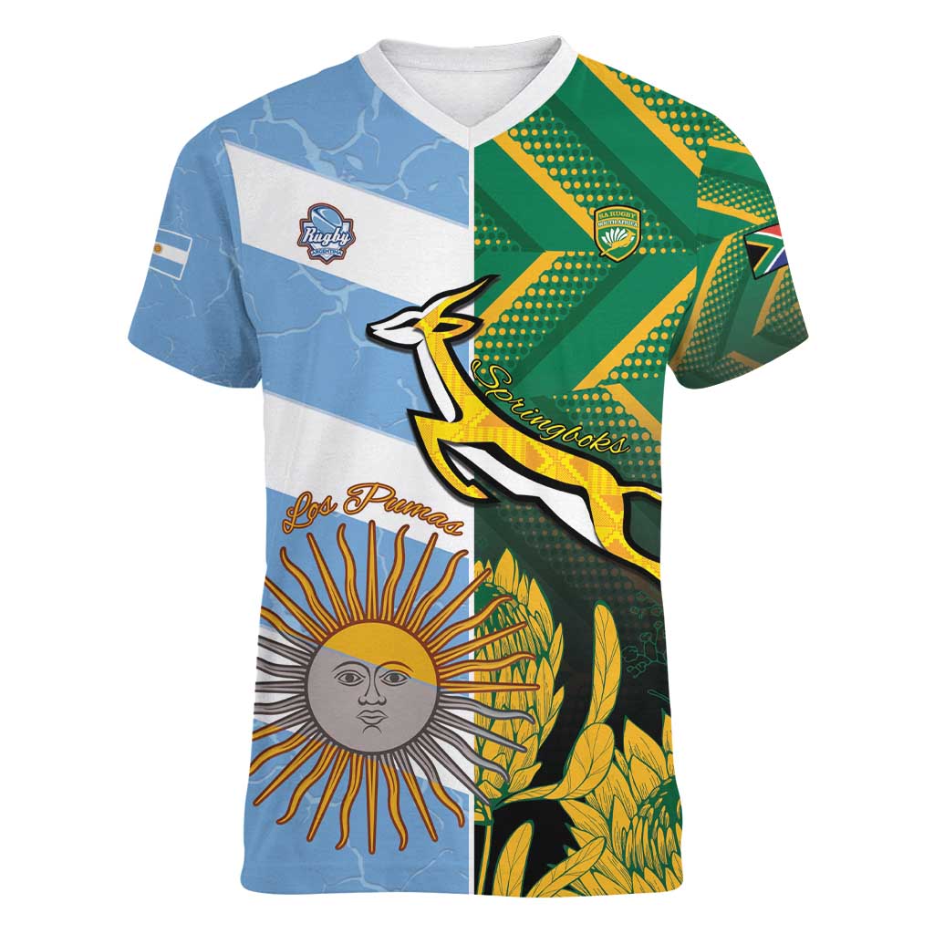 South Africa and Argentina Rugby Personalized Women V-Neck T-Shirt Springboks With Los Pumas