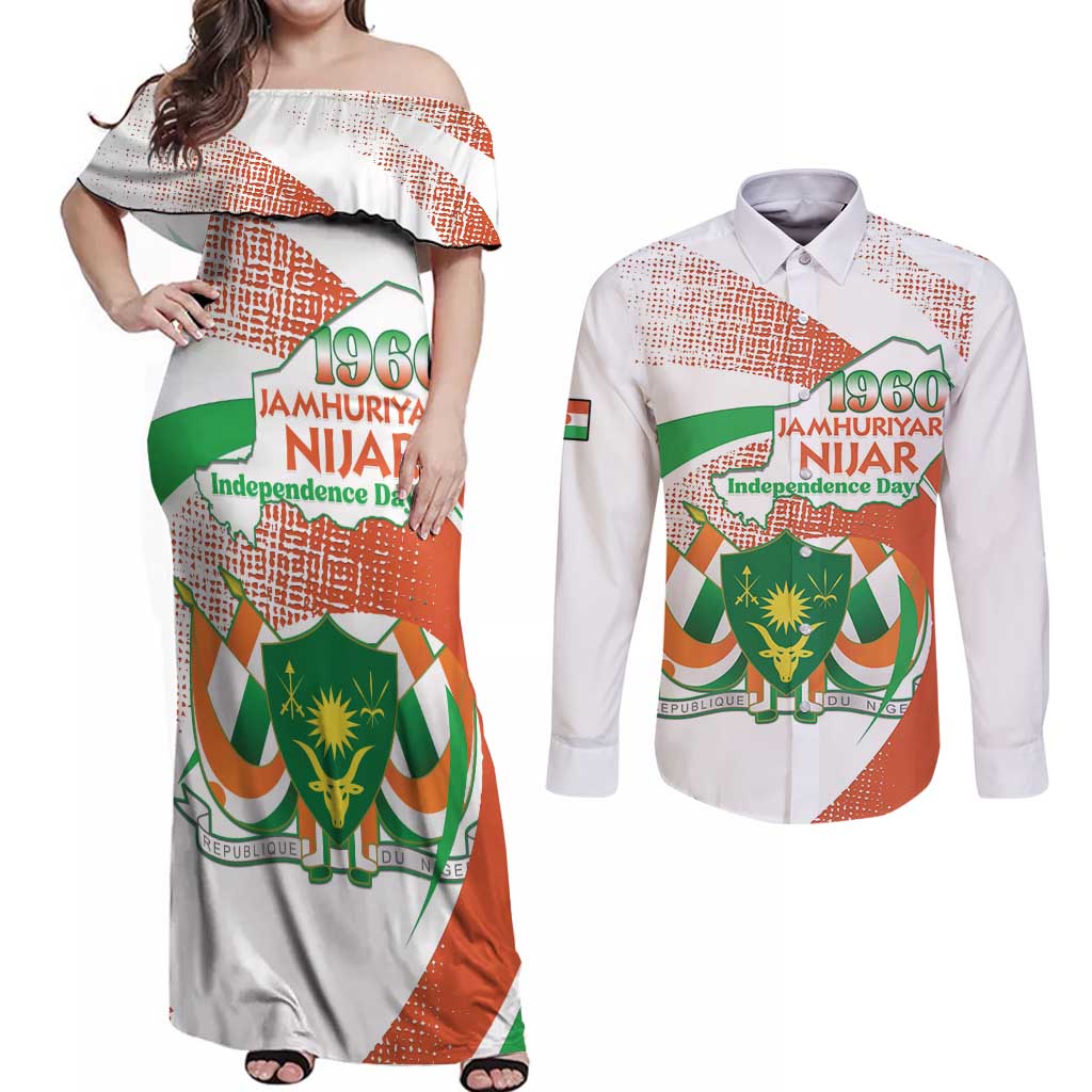 Personalised Niger Couples Matching Off Shoulder Maxi Dress and Long Sleeve Button Shirt 1960 Jamhuriyar Nijar Independence Day