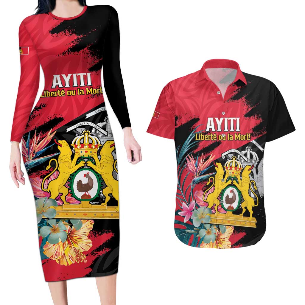 Personalised First Empire of Haiti Couples Matching Long Sleeve Bodycon Dress and Hawaiian Shirt Haitian Coat Of Arms 1804-1806 Tropical Flowers