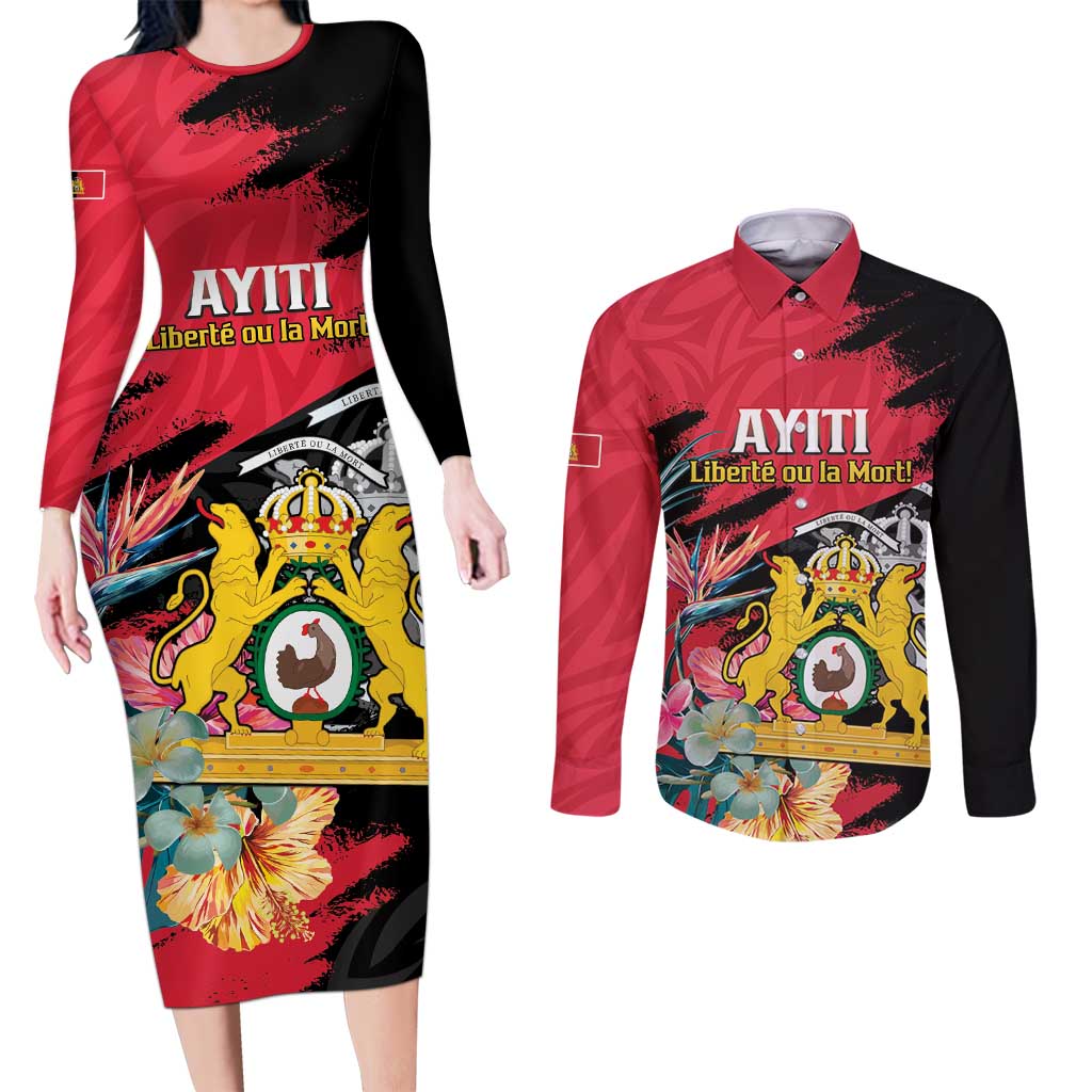 Personalised First Empire of Haiti Couples Matching Long Sleeve Bodycon Dress and Long Sleeve Button Shirt Haitian Coat Of Arms 1804-1806 Tropical Flowers