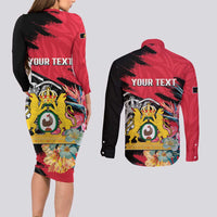 Personalised First Empire of Haiti Couples Matching Long Sleeve Bodycon Dress and Long Sleeve Button Shirt Haitian Coat Of Arms 1804-1806 Tropical Flowers