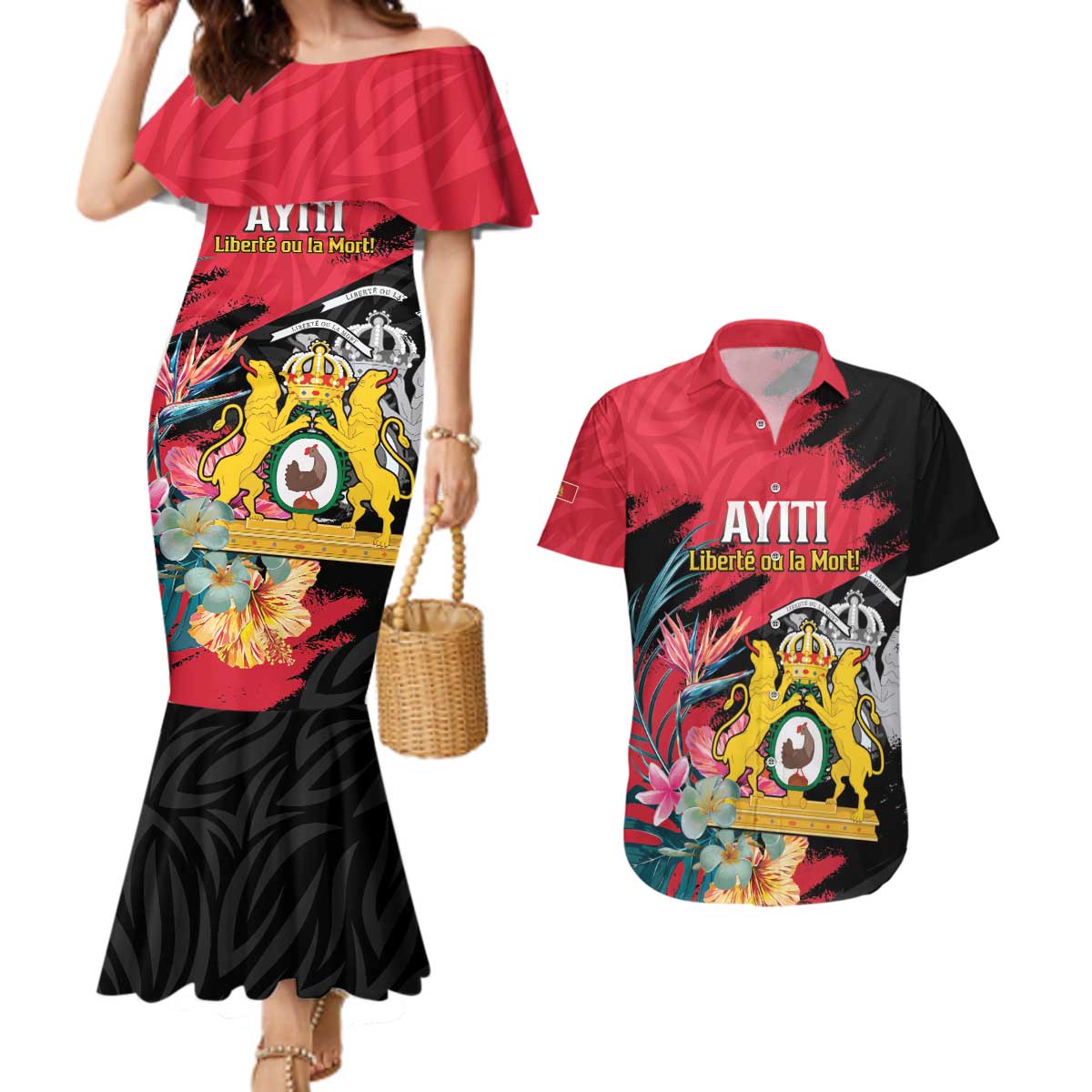 Personalised First Empire of Haiti Couples Matching Mermaid Dress and Hawaiian Shirt Haitian Coat Of Arms 1804-1806 Tropical Flowers