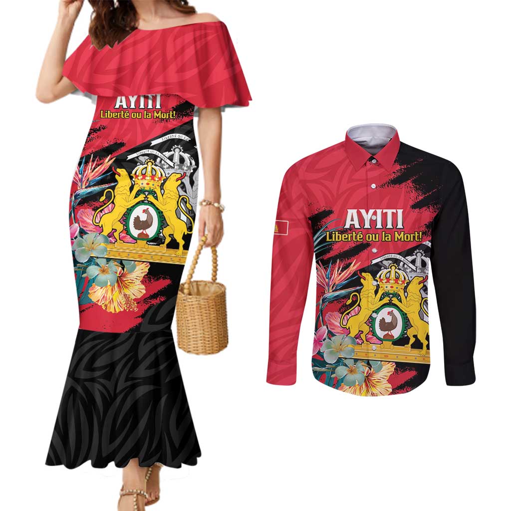 Personalised First Empire of Haiti Couples Matching Mermaid Dress and Long Sleeve Button Shirt Haitian Coat Of Arms 1804-1806 Tropical Flowers