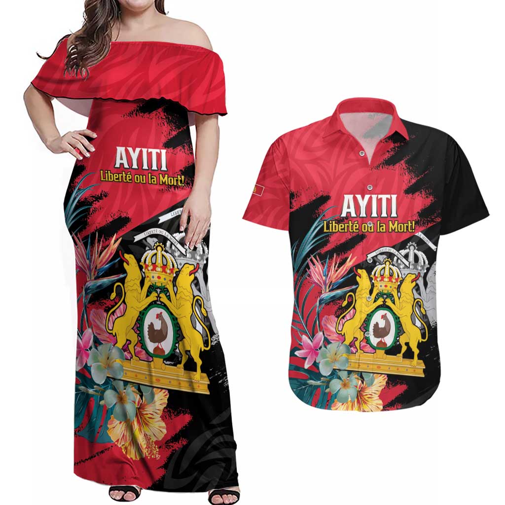 Personalised First Empire of Haiti Couples Matching Off Shoulder Maxi Dress and Hawaiian Shirt Haitian Coat Of Arms 1804-1806 Tropical Flowers