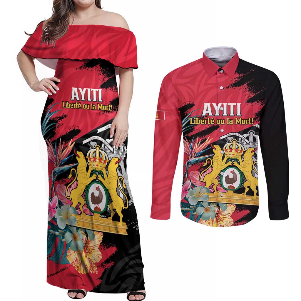 Personalised First Empire of Haiti Couples Matching Off Shoulder Maxi Dress and Long Sleeve Button Shirt Haitian Coat Of Arms 1804-1806 Tropical Flowers