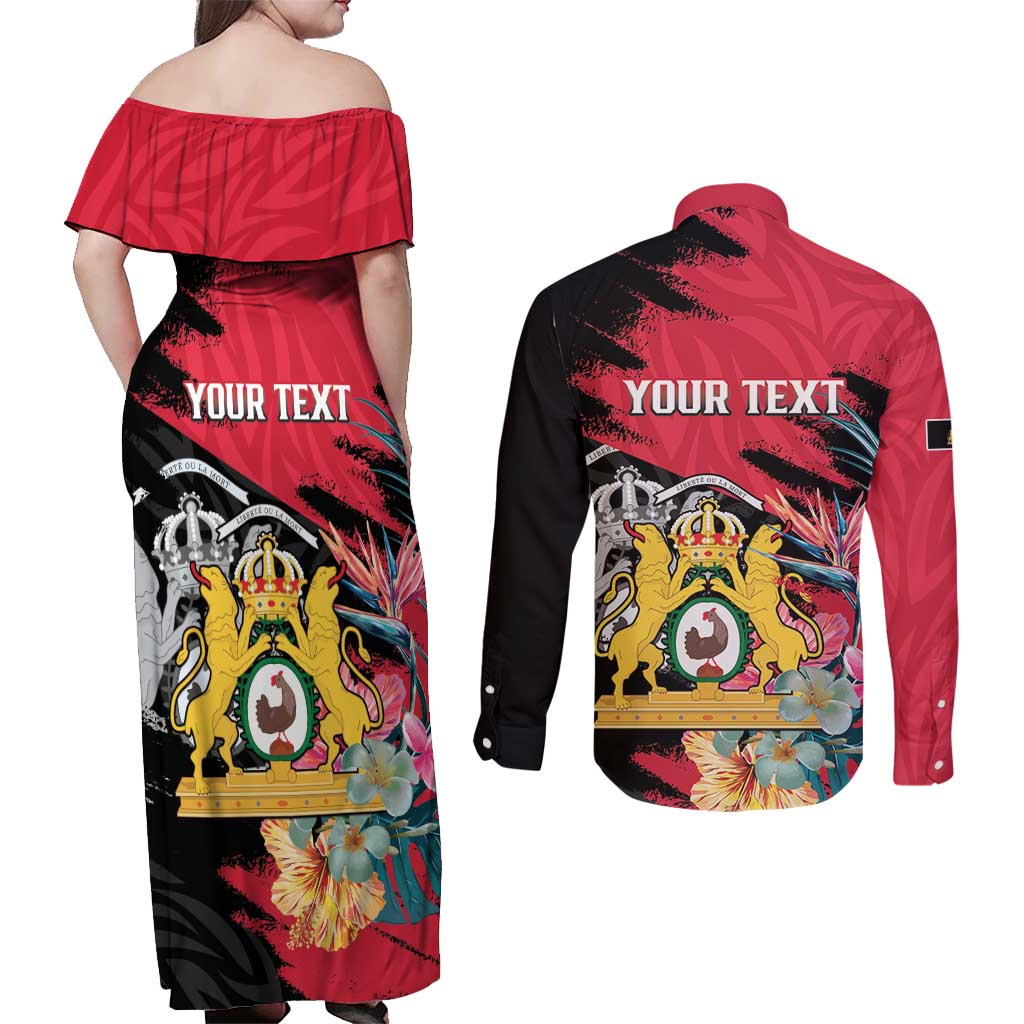 Personalised First Empire of Haiti Couples Matching Off Shoulder Maxi Dress and Long Sleeve Button Shirt Haitian Coat Of Arms 1804-1806 Tropical Flowers