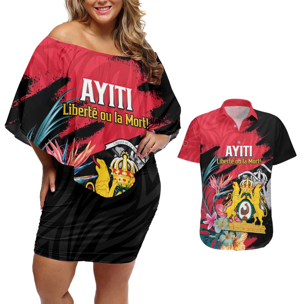 Personalised First Empire of Haiti Couples Matching Off Shoulder Short Dress and Hawaiian Shirt Haitian Coat Of Arms 1804-1806 Tropical Flowers