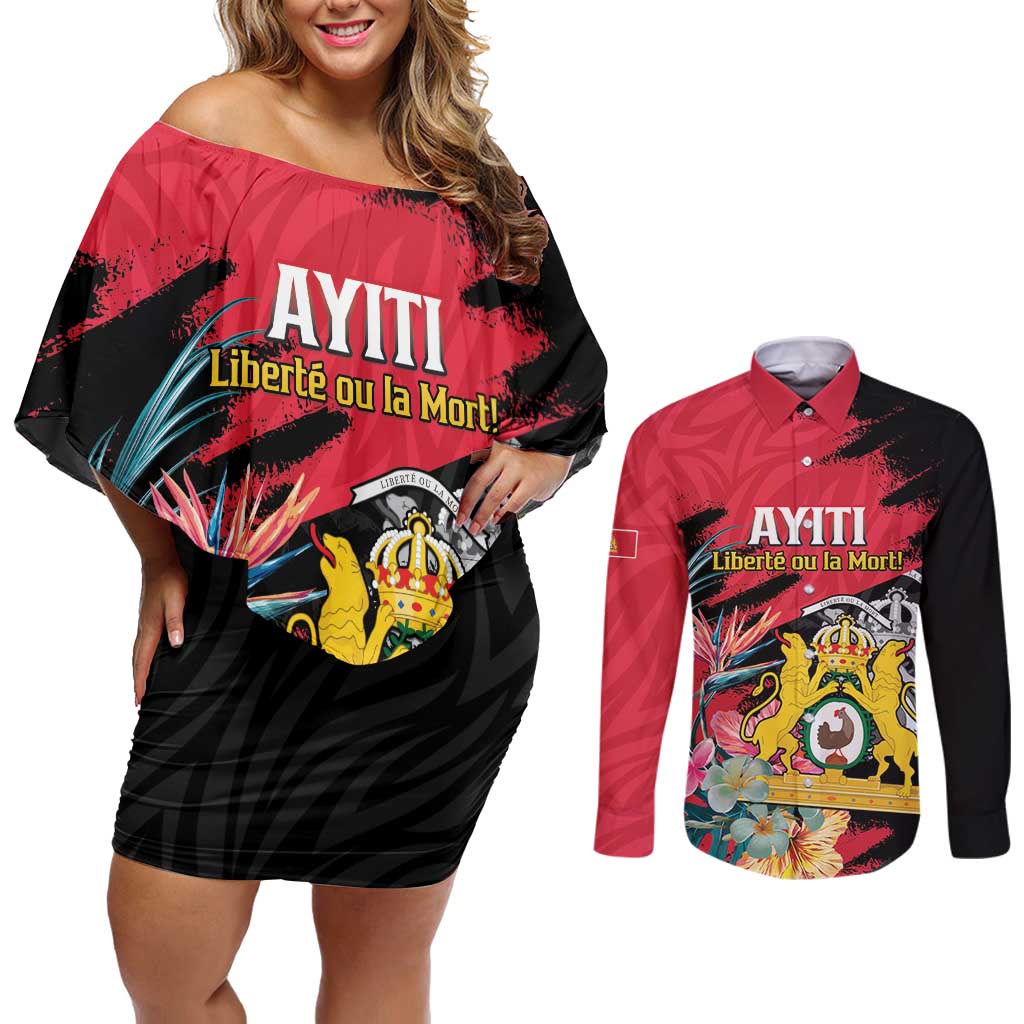 Personalised First Empire of Haiti Couples Matching Off Shoulder Short Dress and Long Sleeve Button Shirt Haitian Coat Of Arms 1804-1806 Tropical Flowers
