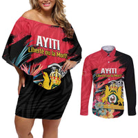 Personalised First Empire of Haiti Couples Matching Off Shoulder Short Dress and Long Sleeve Button Shirt Haitian Coat Of Arms 1804-1806 Tropical Flowers