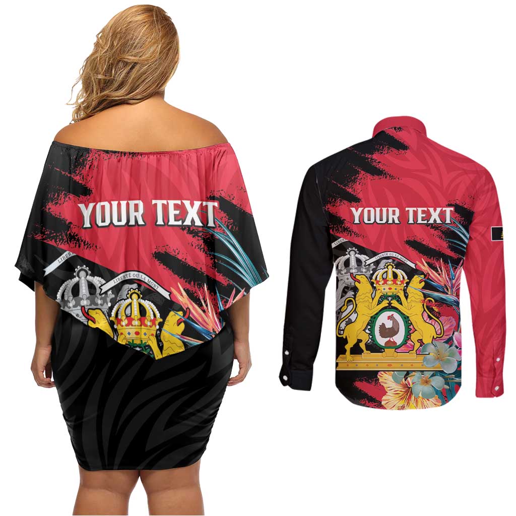 Personalised First Empire of Haiti Couples Matching Off Shoulder Short Dress and Long Sleeve Button Shirt Haitian Coat Of Arms 1804-1806 Tropical Flowers
