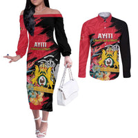 Personalised First Empire of Haiti Couples Matching Off The Shoulder Long Sleeve Dress and Long Sleeve Button Shirt Haitian Coat Of Arms 1804-1806 Tropical Flowers