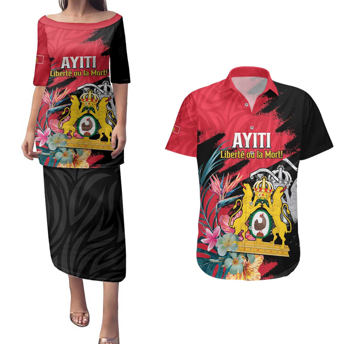 Personalised First Empire of Haiti Couples Matching Puletasi and Hawaiian Shirt Haitian Coat Of Arms 1804-1806 Tropical Flowers