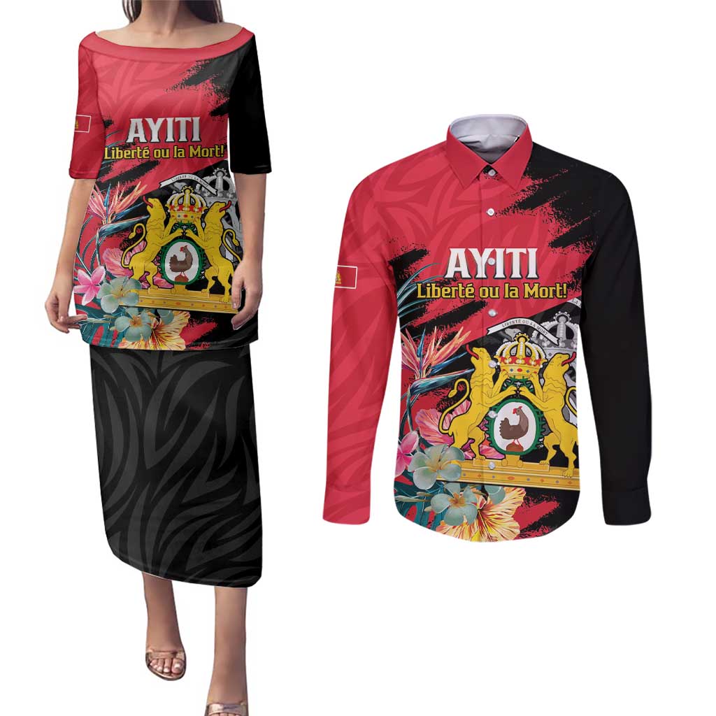 Personalised First Empire of Haiti Couples Matching Puletasi and Long Sleeve Button Shirt Haitian Coat Of Arms 1804-1806 Tropical Flowers