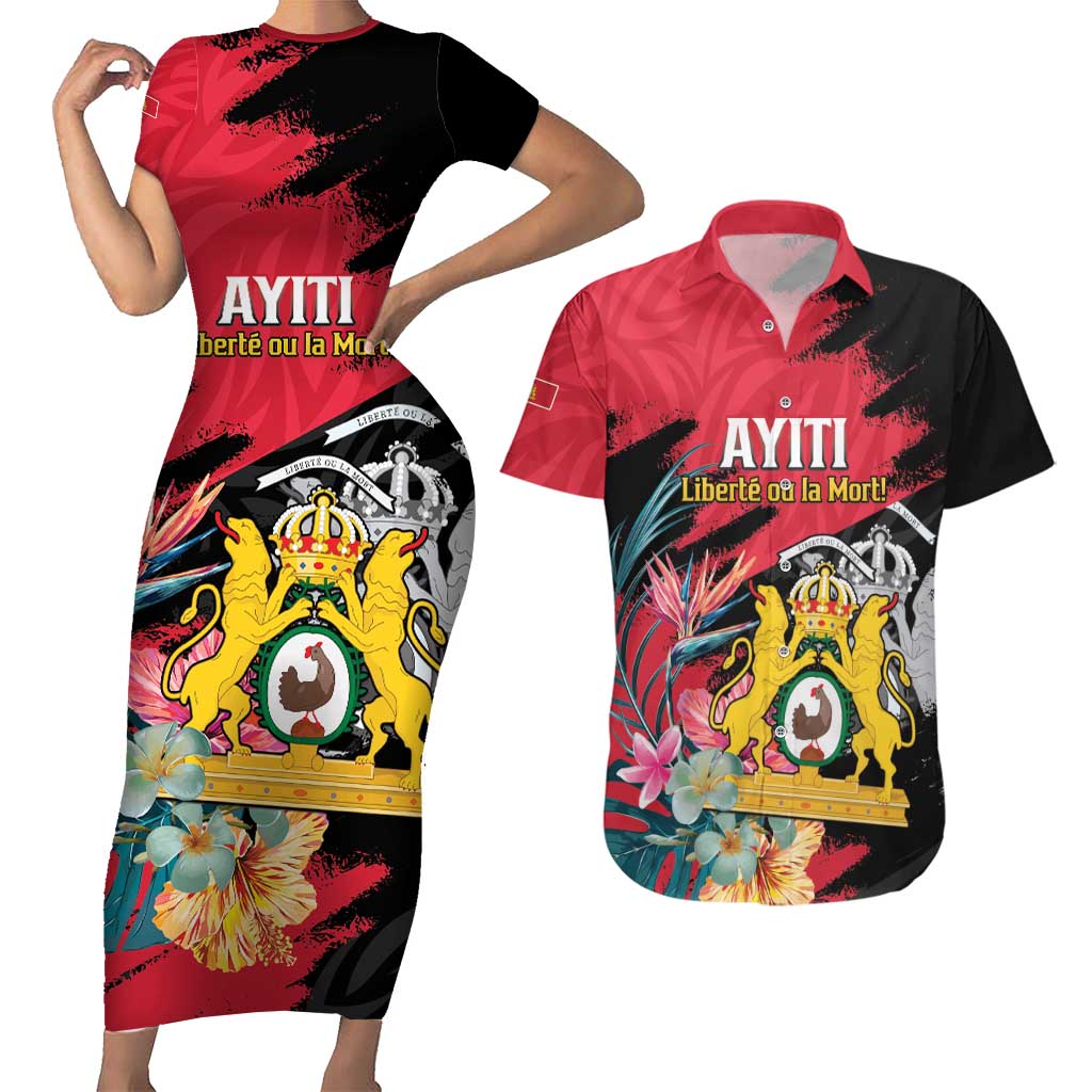 Personalised First Empire of Haiti Couples Matching Short Sleeve Bodycon Dress and Hawaiian Shirt Haitian Coat Of Arms 1804-1806 Tropical Flowers