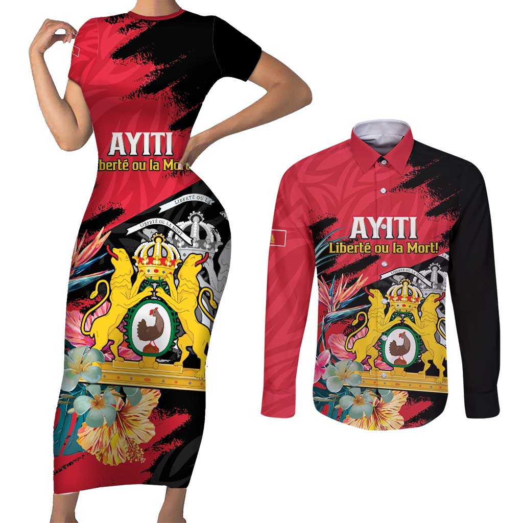 Personalised First Empire of Haiti Couples Matching Short Sleeve Bodycon Dress and Long Sleeve Button Shirt Haitian Coat Of Arms 1804-1806 Tropical Flowers