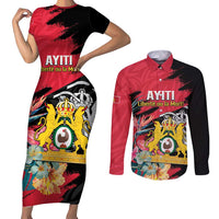 Personalised First Empire of Haiti Couples Matching Short Sleeve Bodycon Dress and Long Sleeve Button Shirt Haitian Coat Of Arms 1804-1806 Tropical Flowers