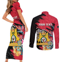 Personalised First Empire of Haiti Couples Matching Short Sleeve Bodycon Dress and Long Sleeve Button Shirt Haitian Coat Of Arms 1804-1806 Tropical Flowers