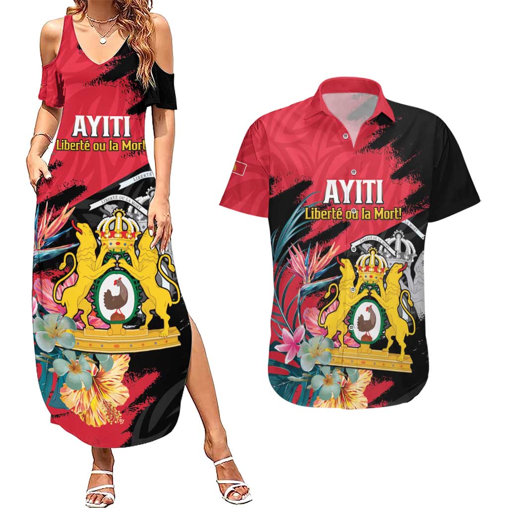 Personalised First Empire of Haiti Couples Matching Summer Maxi Dress and Hawaiian Shirt Haitian Coat Of Arms 1804-1806 Tropical Flowers
