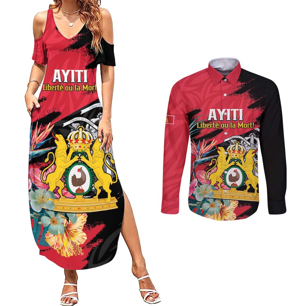 Personalised First Empire of Haiti Couples Matching Summer Maxi Dress and Long Sleeve Button Shirt Haitian Coat Of Arms 1804-1806 Tropical Flowers
