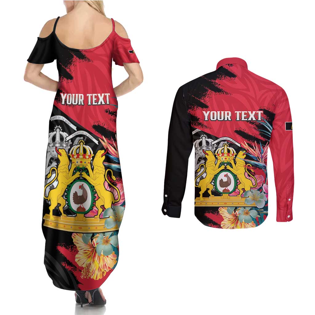 Personalised First Empire of Haiti Couples Matching Summer Maxi Dress and Long Sleeve Button Shirt Haitian Coat Of Arms 1804-1806 Tropical Flowers