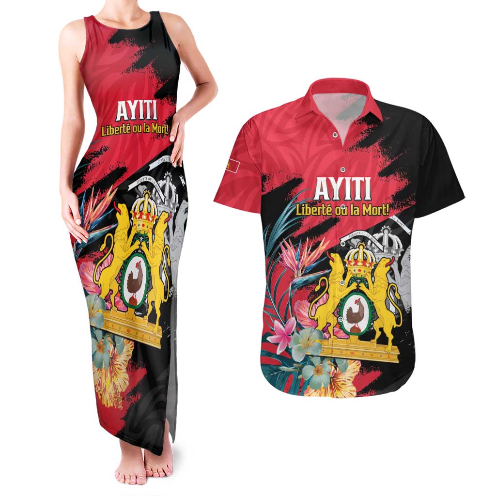 Personalised First Empire of Haiti Couples Matching Tank Maxi Dress and Hawaiian Shirt Haitian Coat Of Arms 1804-1806 Tropical Flowers