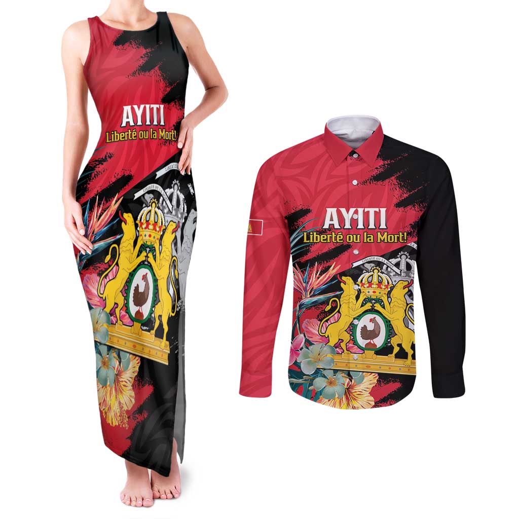 Personalised First Empire of Haiti Couples Matching Tank Maxi Dress and Long Sleeve Button Shirt Haitian Coat Of Arms 1804-1806 Tropical Flowers