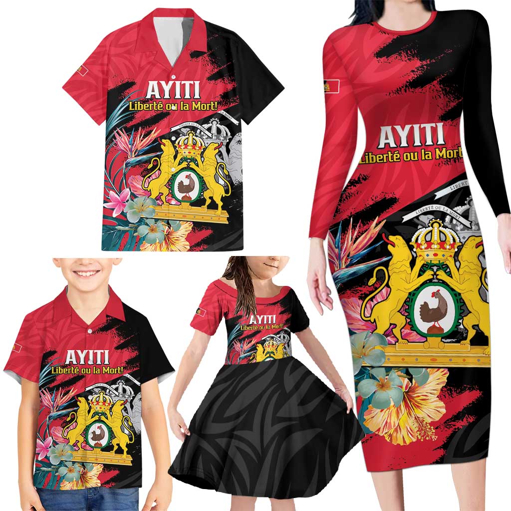 Personalised First Empire of Haiti Family Matching Long Sleeve Bodycon Dress and Hawaiian Shirt Haitian Coat Of Arms 1804-1806 Tropical Flowers